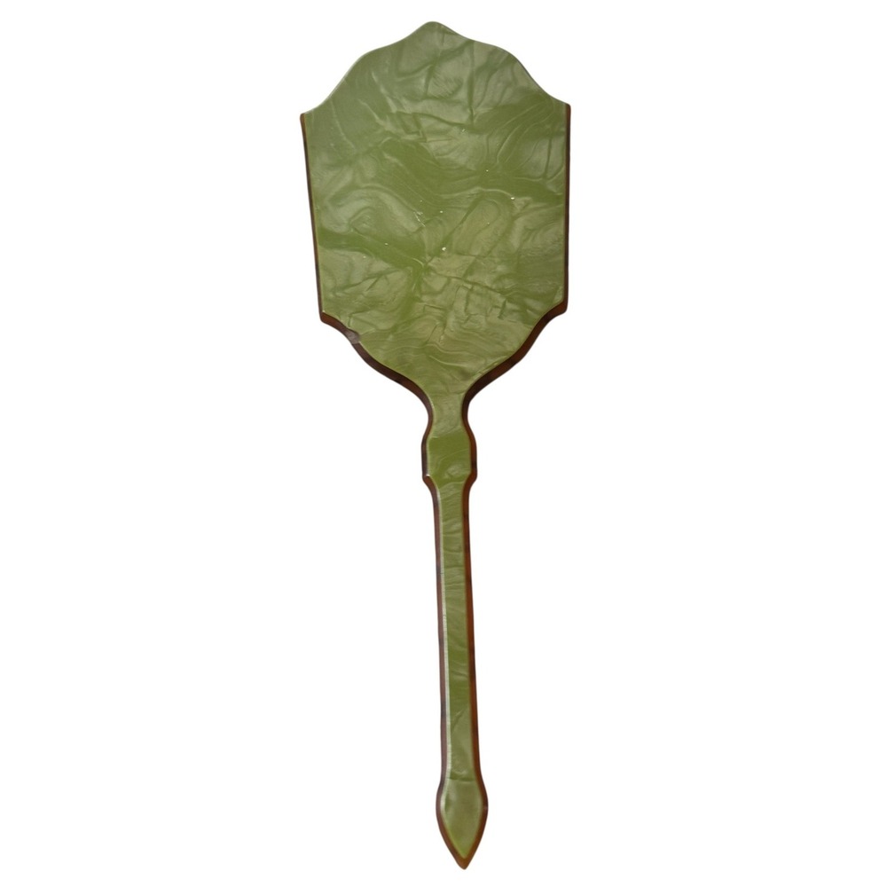 Vintage Celluloid Hand Mirror Marbled Olive Green Art Deco Vanity Decor 14in